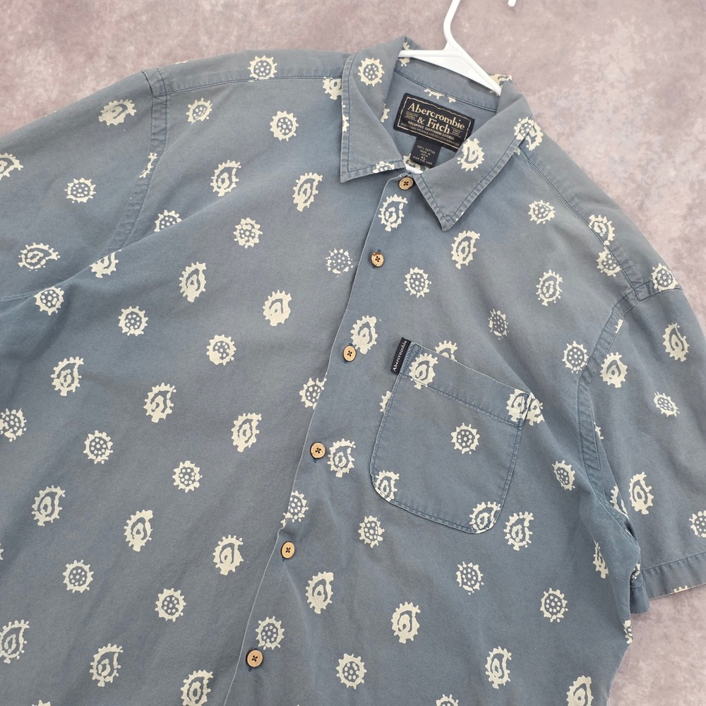 Abercrombie‎ & Fitch Mens XL Blue Paisley Block Print Cotton Short Sleeve Shirt